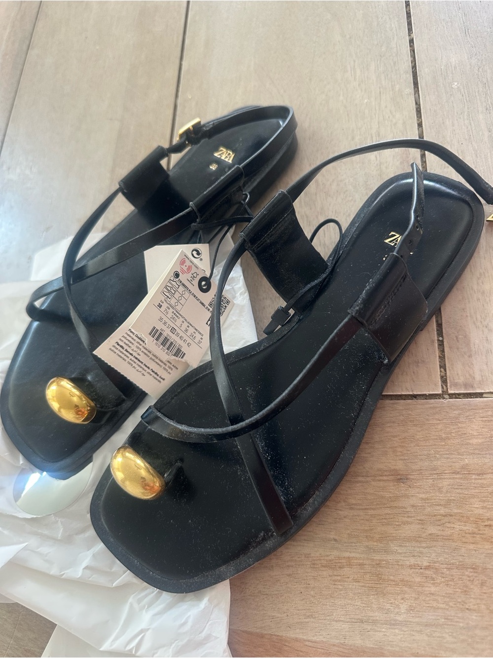 Zara Black Leather Sandals with Gold Toe Accent